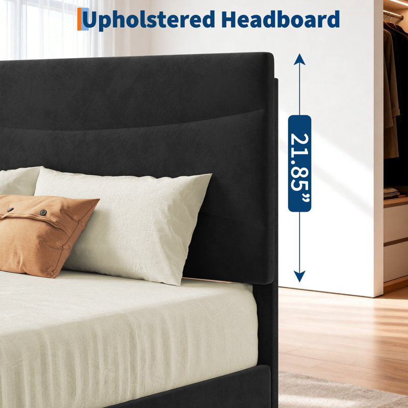 Upholstered Platform Bed Frame with Headboard - Full, Strong Wood Slats, Modern Minimalist Design, Noise-Free, Sturdy Support, No Box Spring Needed, Easy Assembly - Black Velvet Fabric