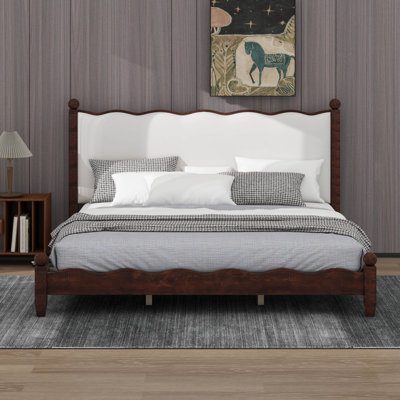 Classic Wooden Platform Bed With Elegant Scalloped Upholstered Headboard, Sturdy & Durable  Bed Frame