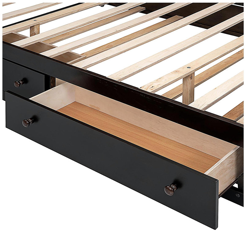 Lit double en bois avec garde-robe intégrée, tablette et prise de courant, tiroirs simples, couleur café, Espresso