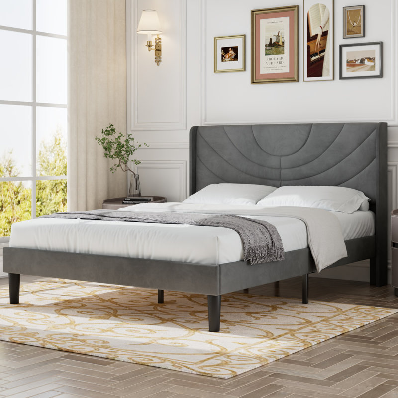 Structure de lit grand format en velours avec tête de lit à oreilles, lit plateforme tapissier avec tête de lit capitonnée à oreilles, support de lattes en bois massif, pas de sommier tapissier, silencieux, gris foncé