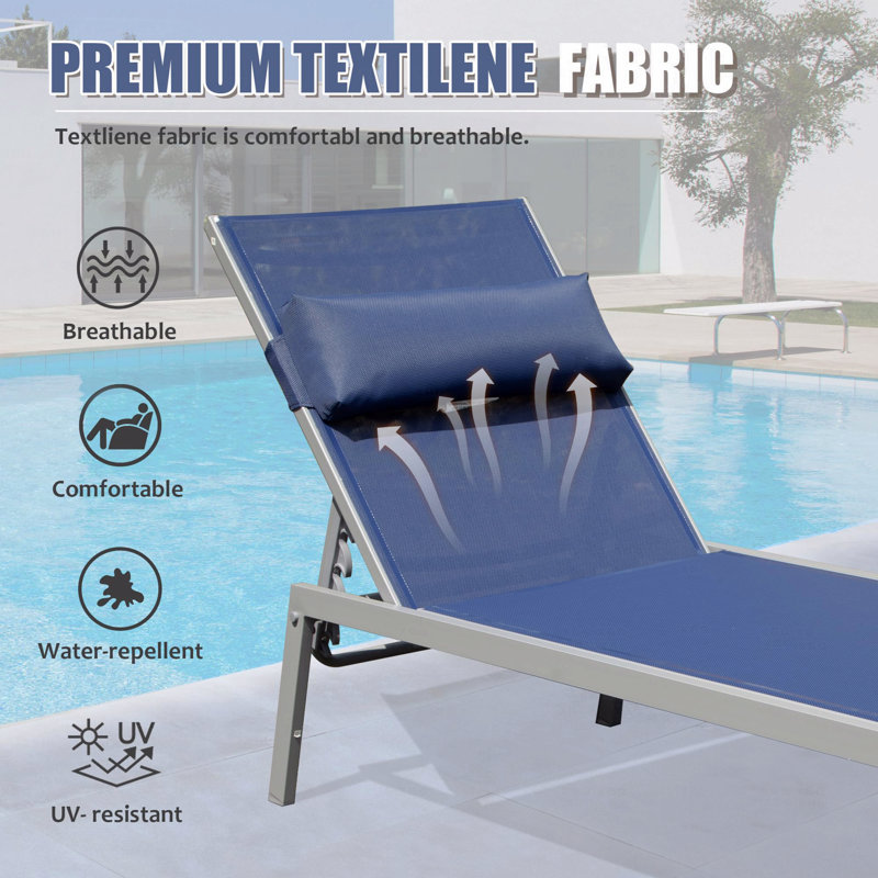 Ensemble de 3 chaises longues de patio, chaises longues de piscine en aluminium avec table d'appoint, fauteuil inclinable d'extérieur réglable
