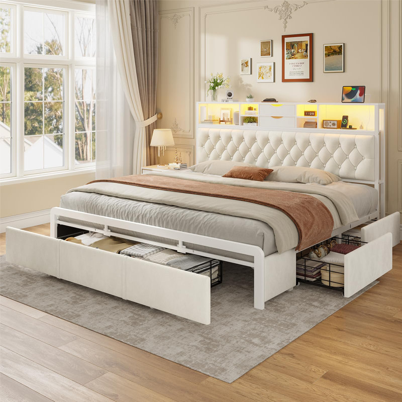 Structure de lit avec 5 tiroirs de rangement et tête de lit, lit plateforme tapissier en velours avec lumières à DEL et station de charge, beige