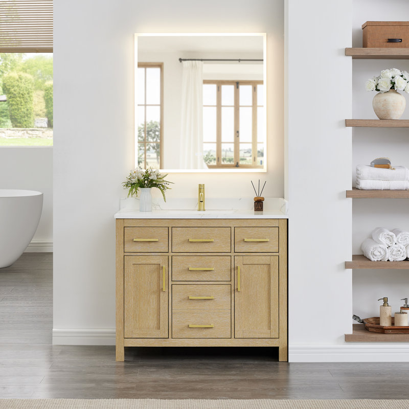 Beckett 42" Freestanding Single Bathroom Vanity with Quartz Top, Brushed Gold, Giotto Quartz, Whitewashed Oak