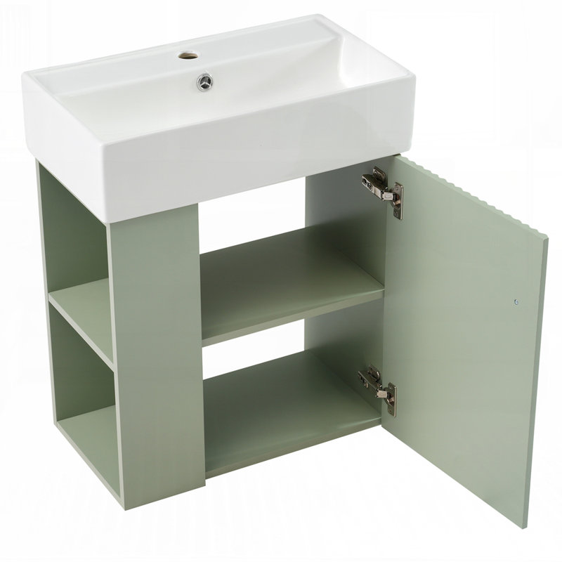 Contemporary Wave-Patterned Floating Bathroom Vanity with Ceramic Basin and Left side storge, Green
