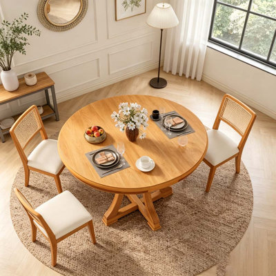 Extendable Round Rubber Wood Dining Table – 47" to 59" Adjustable