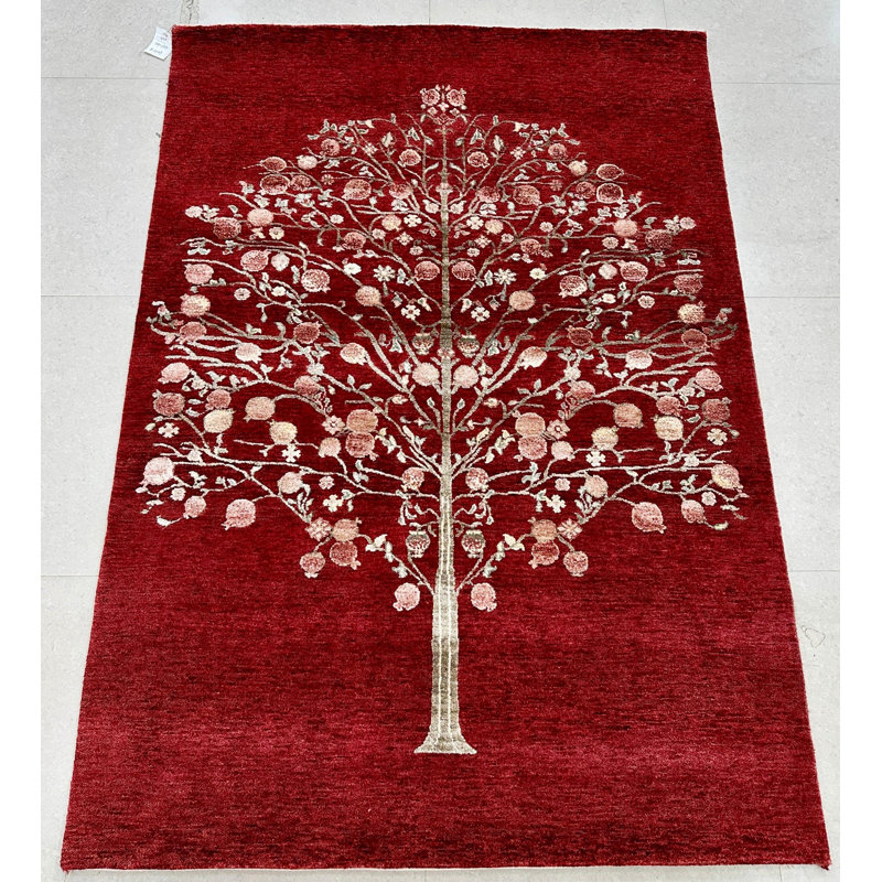 Tapis rouge noué à la main 5 x 8 pi avec motif d'arbres botaniques pour le salon