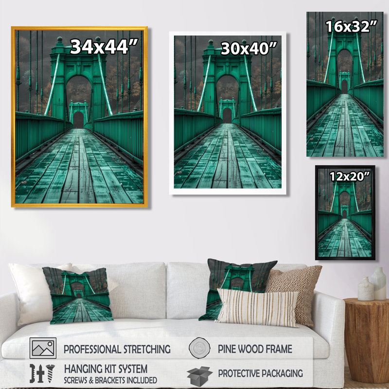 Monochromes vert, noir, pont, croisement, chemin II - art mural, Toile encadrée noire simple, H 44 po x l 34 po x P 1,5 po
