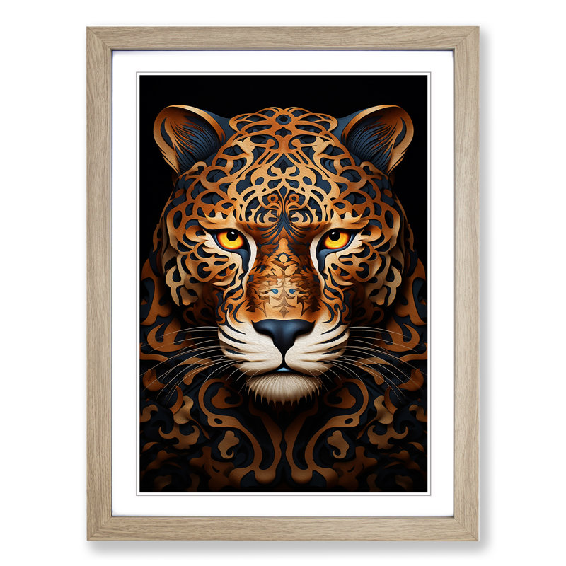 Leopard Op - Single Picture Frame Print on Wood, 34cm H x 25cm W x 2cm D, Oak Framed