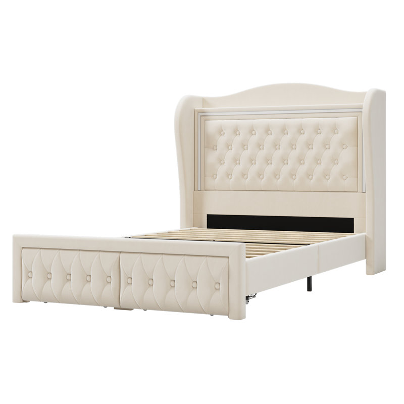 Kaliya Velvet Upholstered Wingback Platform Bed with LED Lights, Wood Bed Frame With 2 Storage Drawers, Queen, Cream