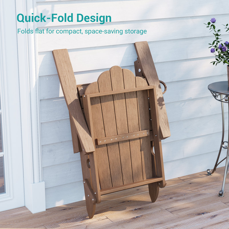 Folding Adirondack Chair with Retractable Ottoman and Cup Holder, Outdoor HDPE Lounge Chair, Teak