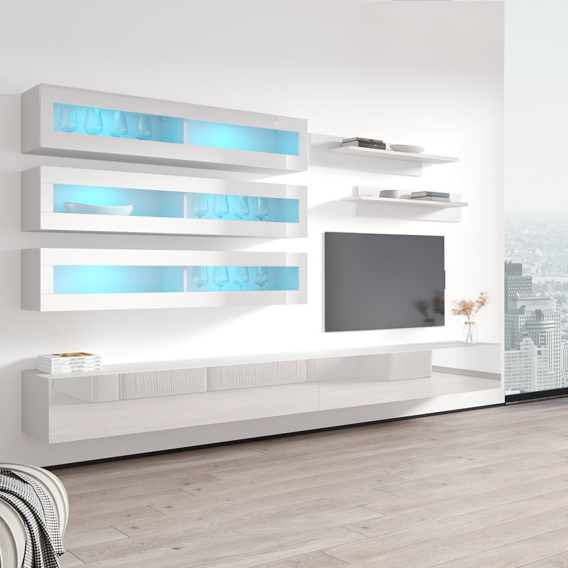Voelker 126" Modern Floating Wall Mounted Entertainment Center with 16-Color LED Lighting, High Gloss Finish, White
