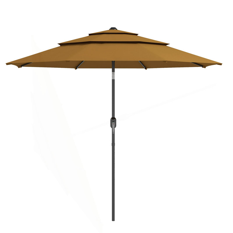 Parasol de marché extérieur à 9 niveaux avec manivelle 9Ft Bouton-poussoir inclinable pour la terrasse. Cour arrière et pelouse. Brun clair