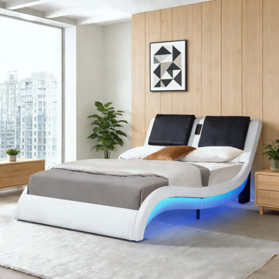 Faux Leather Upholstered Platform Bed Frame With Led Lightingtooth Connection To Play Music Control, Backrest Vibration Massage, Curve Design, Wood Slat Support, No Box Spring Needed