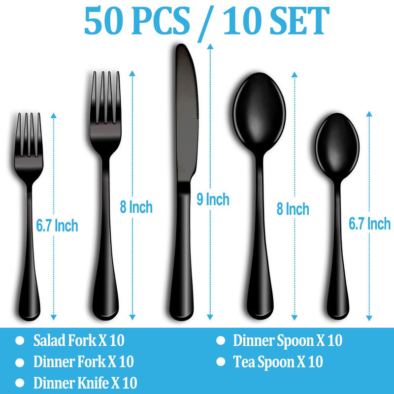 50 Piece Silverware Set Service for 10,Premium Stainless Steel Flatware Set,Mirror Polished Cutlery Utensil Set, Mirror Black