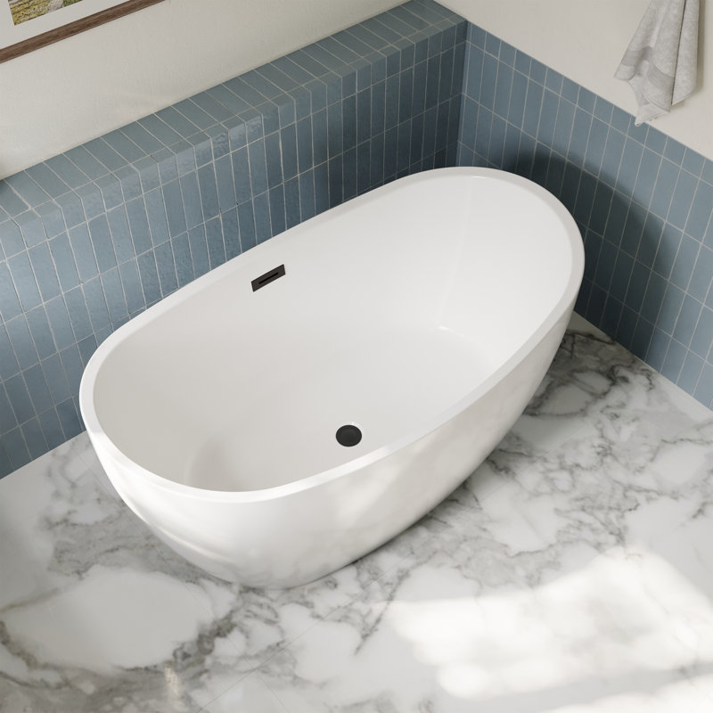 Baignoire autoportante blanche de 55 pouces avec drain noir mat et garniture de trop-plein Dorrit
