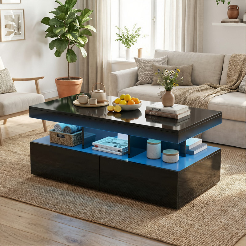 104cmW Modern UK High Gloss Coffee Table with RGB LED (App-Control), 2 Large Storage Drawers & Open Shelf, Black