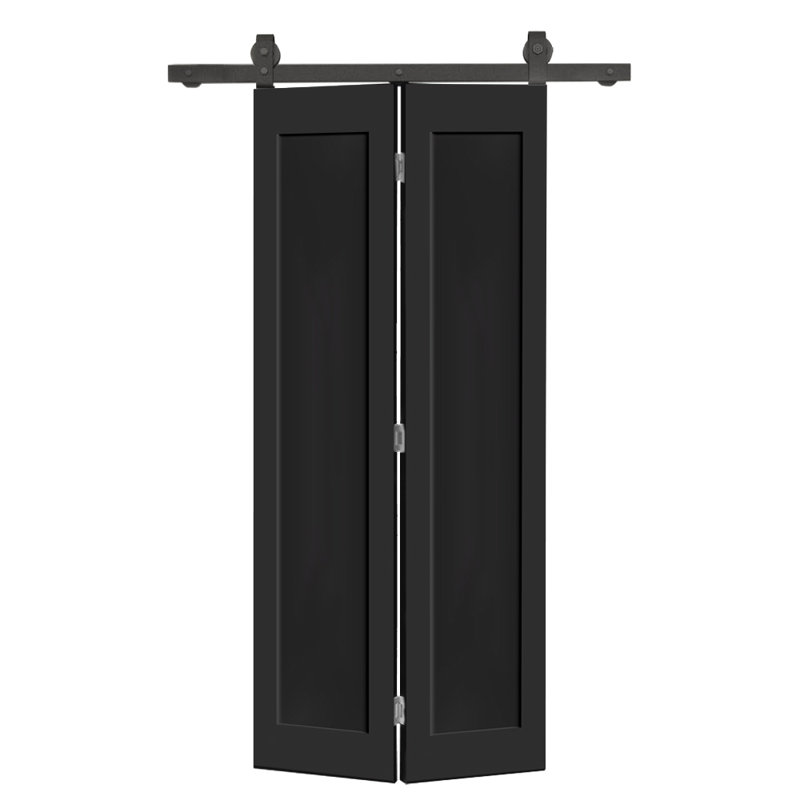 1 Panel Shaker Composite Bi-Fold Door with Sliding Barn Door Hardware Kit, Black, 36" x 84"