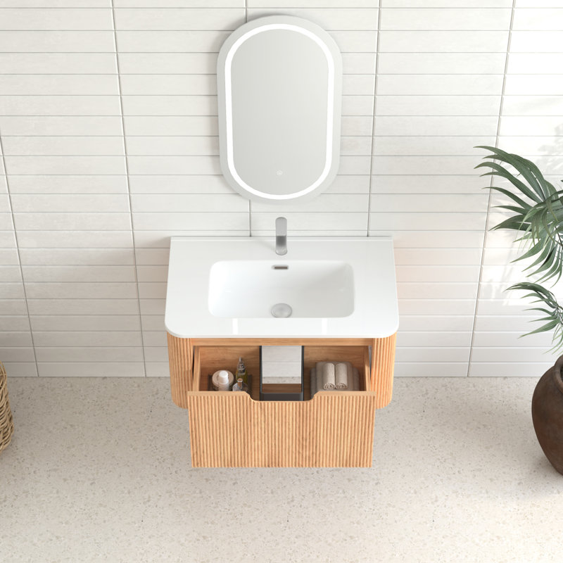 Armoire de salle de bain flottante 30 po avec vasque en céramique blanche, bois de noyer massif, style à bord courbé, tiroir pré-assemblé à fermeture en douceur, style américain