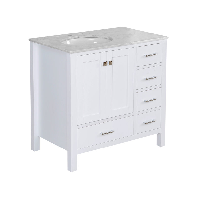 Ensemble de meuble-lavabo simple 36 po Claudett, Blanc, Marbre de Carrare