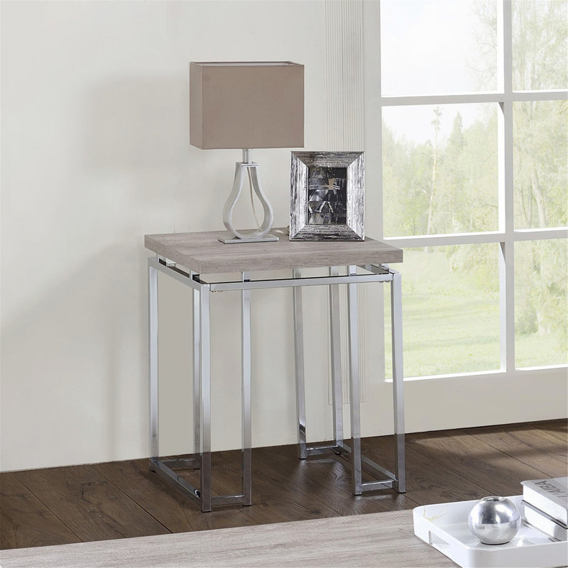 Chic Square End Table with Sturdy Metal Sled Base and Natural Oak Top