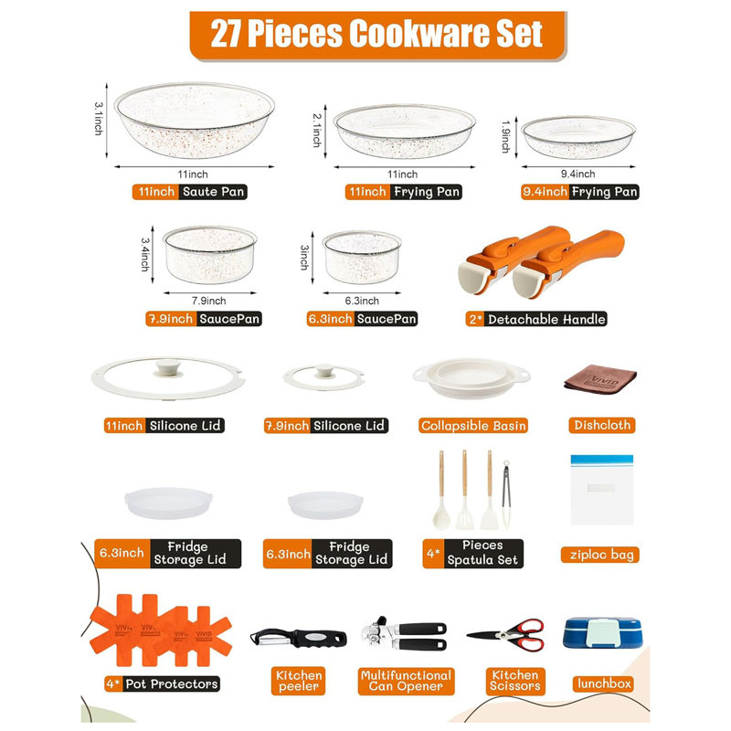 27Pcs Pots And Pans Set Non Stick, Ceramic Cookware Set With Detachable Handle, Comes With Collapsible Dish Basin, Blue Lunch Box, Manual Bottle Opener And Etc, Oven Safe