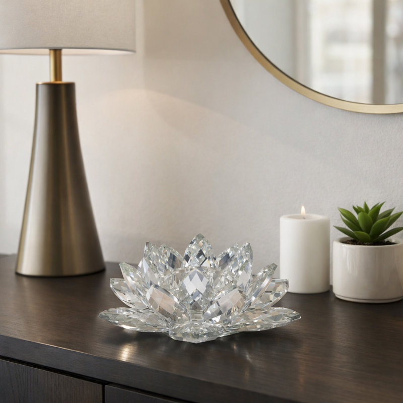 Iridescent Glass Crystal Lotus Votive Candle Holder, 3" H x 8.25" W x 8.25" D, Silver