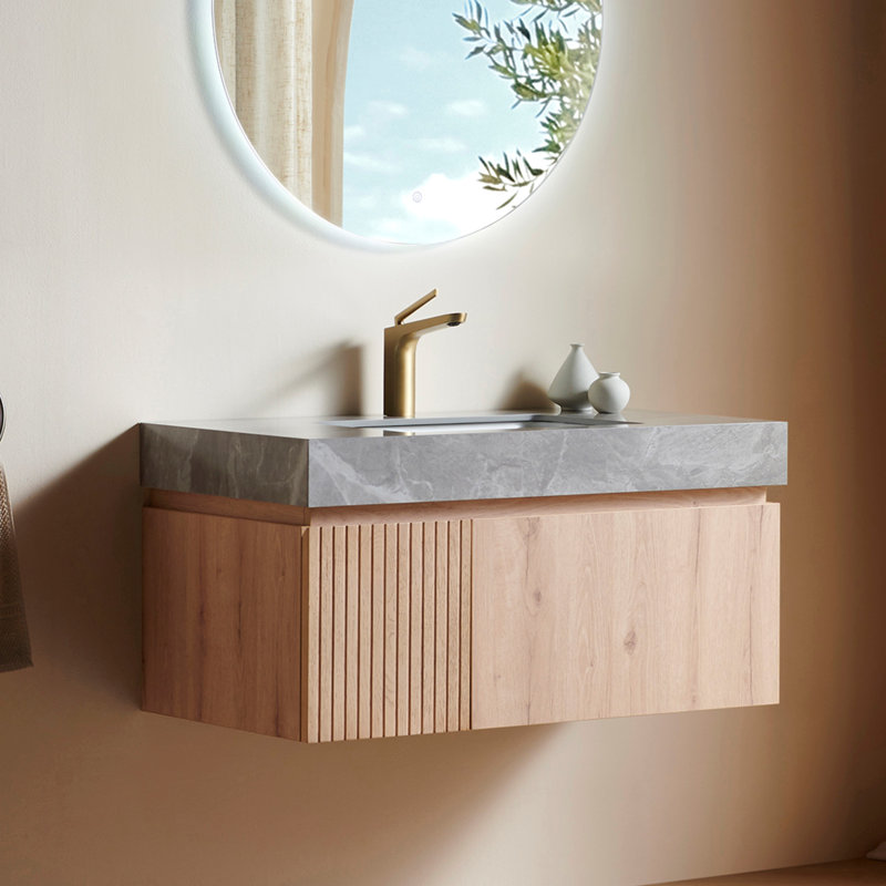 Luxstone Modern Luxury Vanity with Sintered Stone Countertop and Ceramic Basin, White Oak