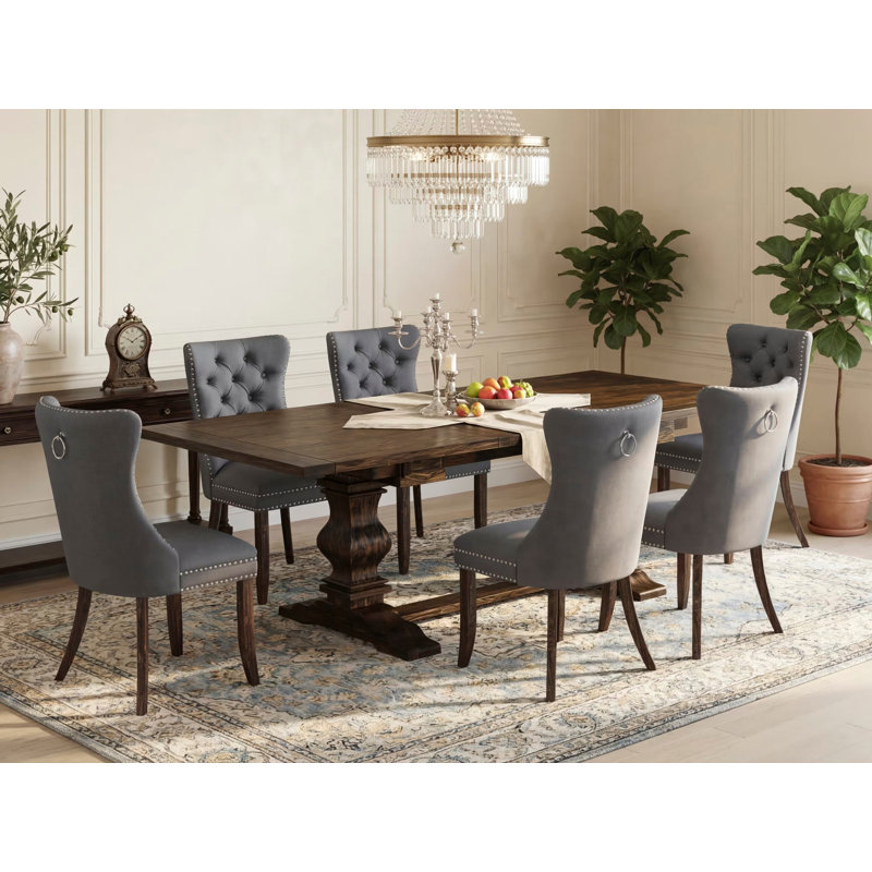 7 Piece Kitchen Set Contains a Rectangle Dining Table with Removable Leaf and 6 Polyester Fabric Upholstered Chairs, Distressed Jacobean