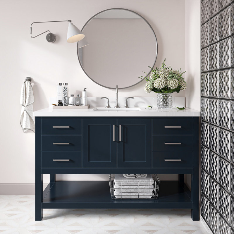 Meuble-lavabo simple 55 po Moille Laveda avec comptoir en quartz blanc pur 1,5 po et lavabo rectangulaire, Rectangular