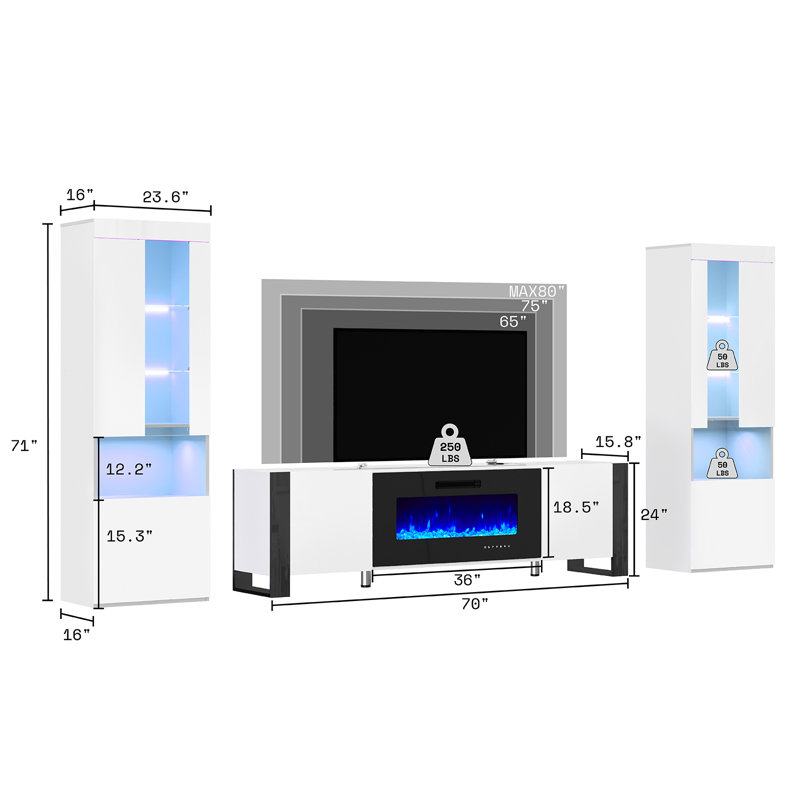 Bhhatu Entertainment Center with Electric Fireplace, 70", White/Black
