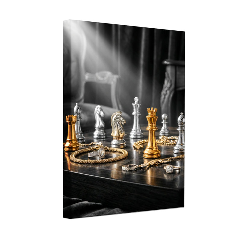 Pièces d'échecs abstraites et bijoux sur une table foncée, H 36 po x l 24 po