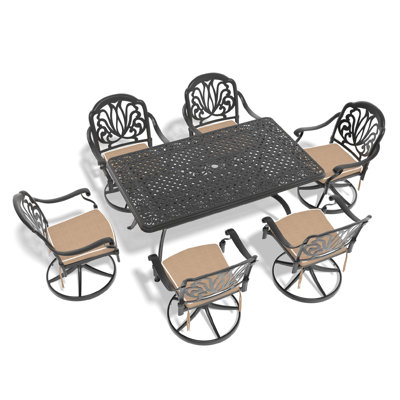 Cast Aluminum 7 Dining : 6 Swivel Chairs & Black Rectangular Table - , Comfortable Patio Seating And All-Weather Compatibility Resistance, Backyard