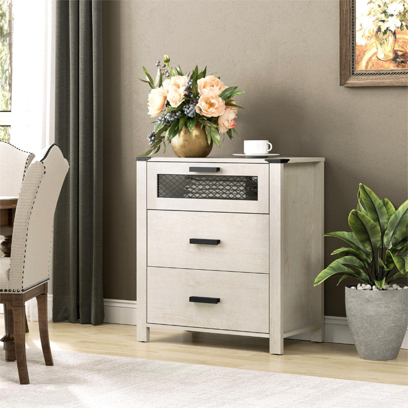 Dresser With 3-Drawer Accent Chests And Mesh Tower Storage Cabinet, Antique White