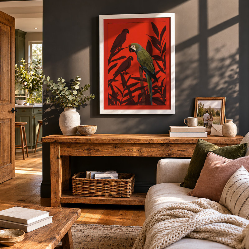 Parrots Among Foliage Tropical - Framed Print, A4 - 29.7 x 21.0 cm, White