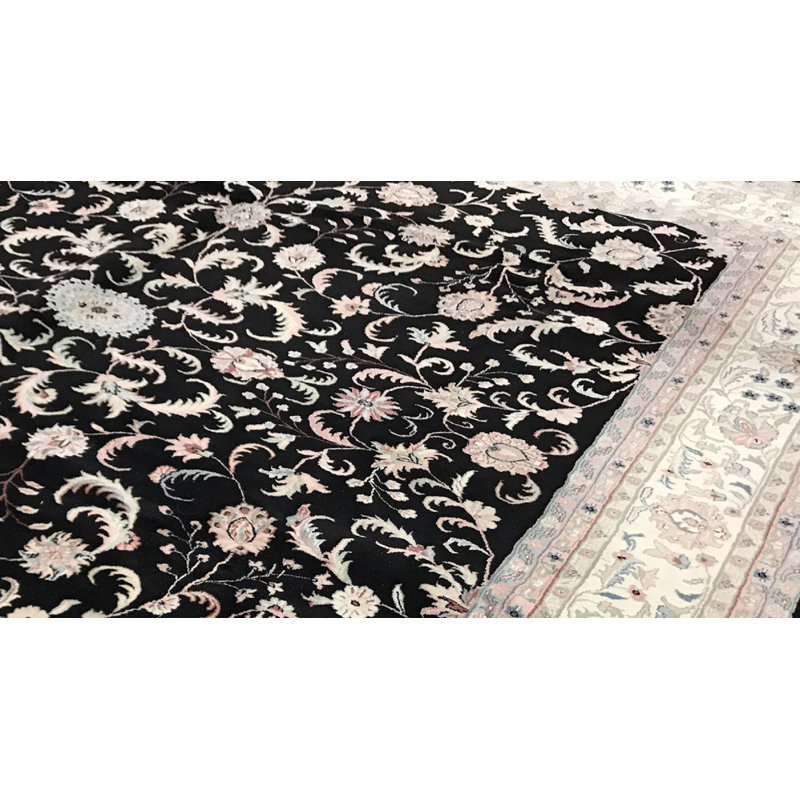 Wool Floral Area Rug in Black/White/Ivory