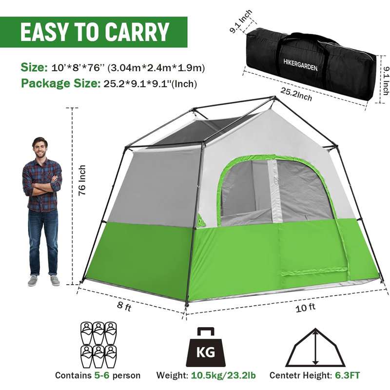 Tente de camping portable pour 6 personnes, Vert