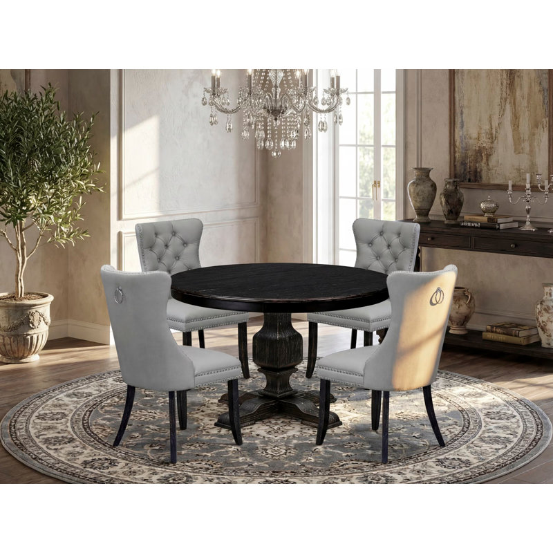 5 Piece Dining Table Set Includes a 48" Round Table with Pedestal and 4 Light Gray Polyester Fabric Parson Chairs, Sand Blasted Black