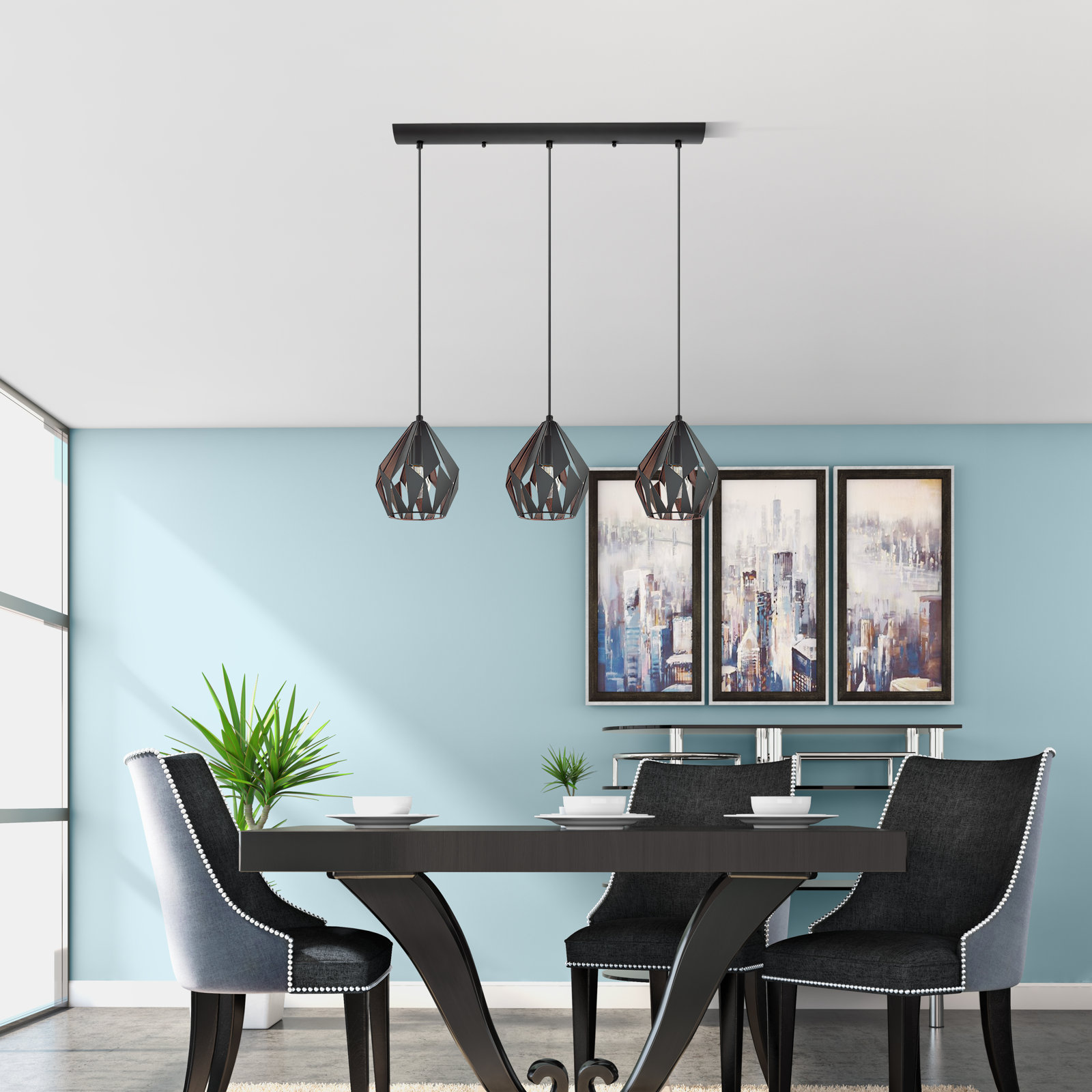 Birchard 3 Light Metal Dimmable Pendant, Copper