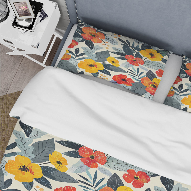 Ensemble de housse de couette jaune et rouge Midcentury Flower Gardens - Midcentury Flowers