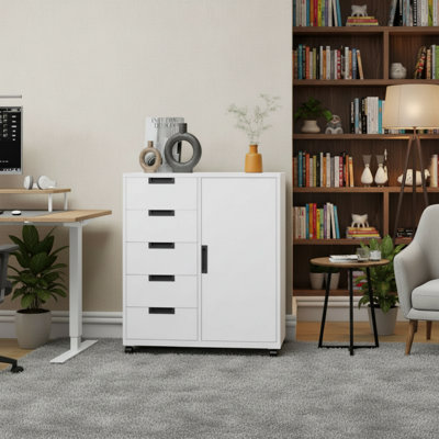 5-Drawer Metal Office Storage Cabinet (White), Mobile Version With Printer Stand, Suitable For Home Storage