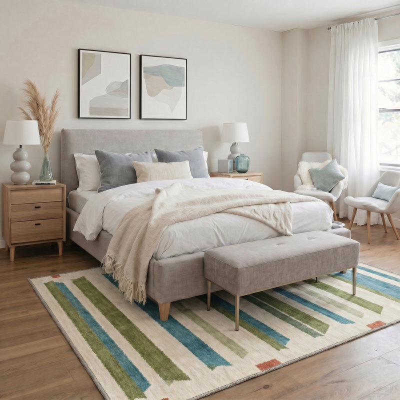 Zenith Modern Machine Washable Beige / Green / Blue Indoor Area Rug with Non-Slip Backing, Rectangle 8' x 10'
