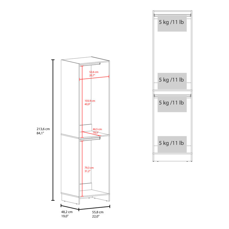 Organisateur de garde-robe à 2 tringles Eco Closet, sections de suspension doubles avec tablette ouverte, système de garde-robe autoportant peu encombrant, bois d'ingénierie