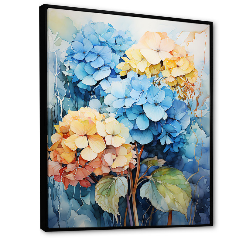 Hydrangea Blooms en bleu et jaune, reproduction sur toile, Cadre flottant noir, H 32 po x l 24 po x P 1 po