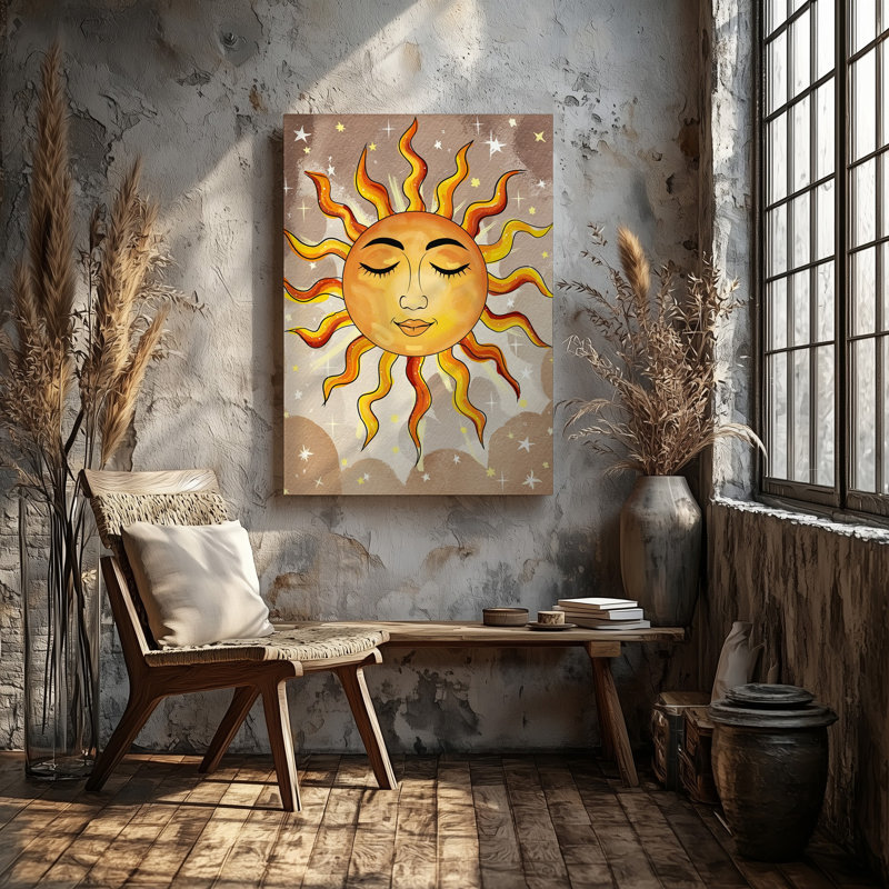Toile, une illustration stylisée du soleil centrée sur un fond d'art texturé beige chaleureux avec un visage serein avec des yeux fermés et une toile d'art murale
