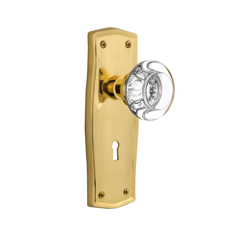 Double poignée de porte en cristal rond avec plaque longue serrure Prairie, Laiton non laqué