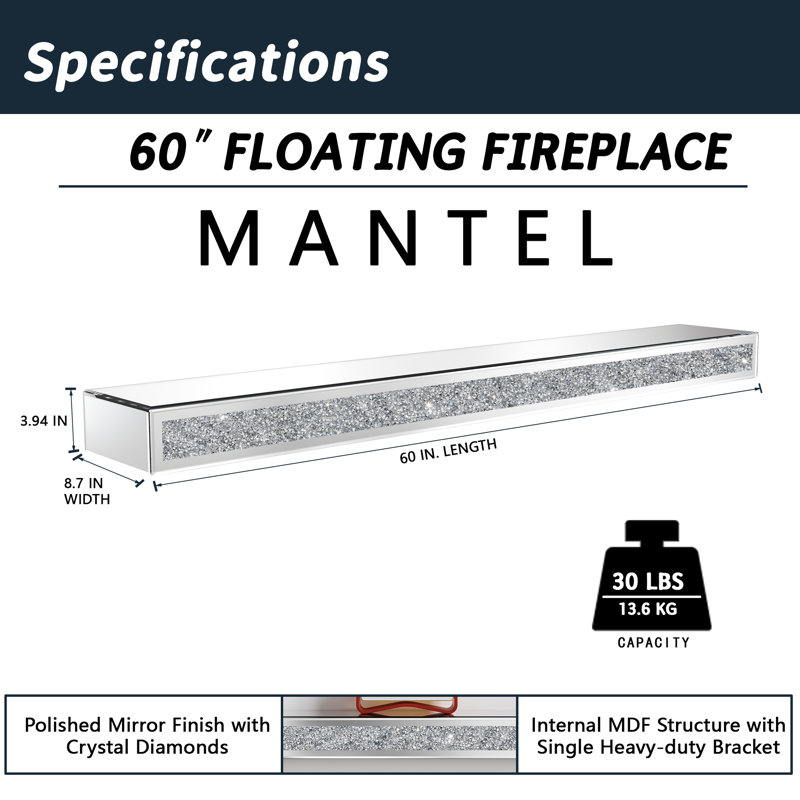Aldobrando 60" Mirrored Glass Fireplace Mantel Floating Shelf, 3.94" H x 60" W x 8.7" D