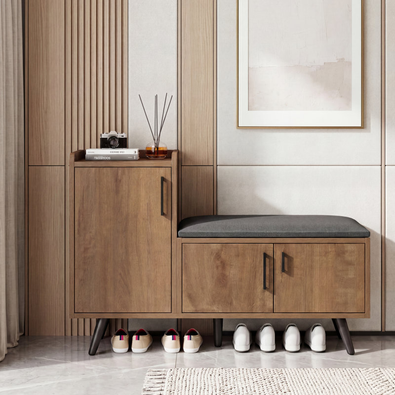 Fabric Upholstered Bench with Shoe Storage, Brown