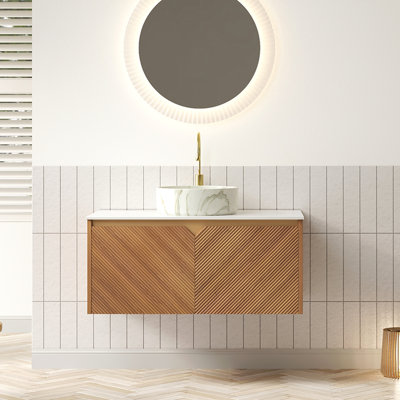 Meuble-lavabo 36 po, meuble de rangement flottant en contreplaqué, portes doubles en sergé avec garniture en métal, lavabo rond en céramique blanc mat et plateau en pierre frittée, grain de bois de chêne brun