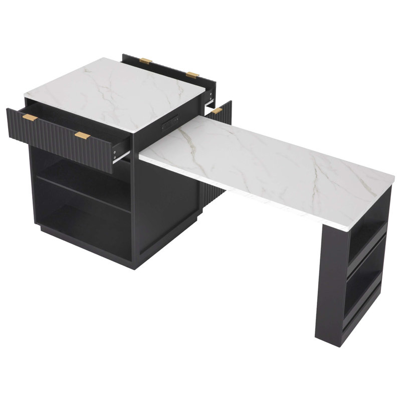 82.6" Fluted Kitchen Island With Extendable Dining Table For 4-6, Island Table For Kitchen With Power Outlet, Kitchen Table With Double-Side Storage, 2 Drawers 2 Side Open Shelves