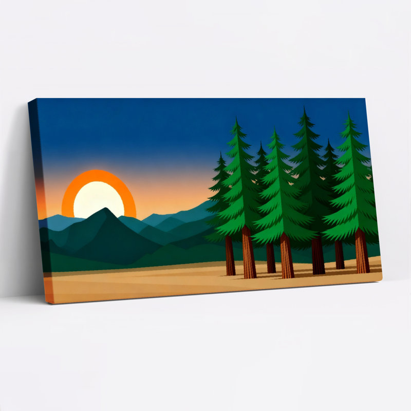 Ensemble de 1 tableau sur toile tendue représentant une forêt de pins au coucher du soleil en montagne, H 24 po x l 48 po